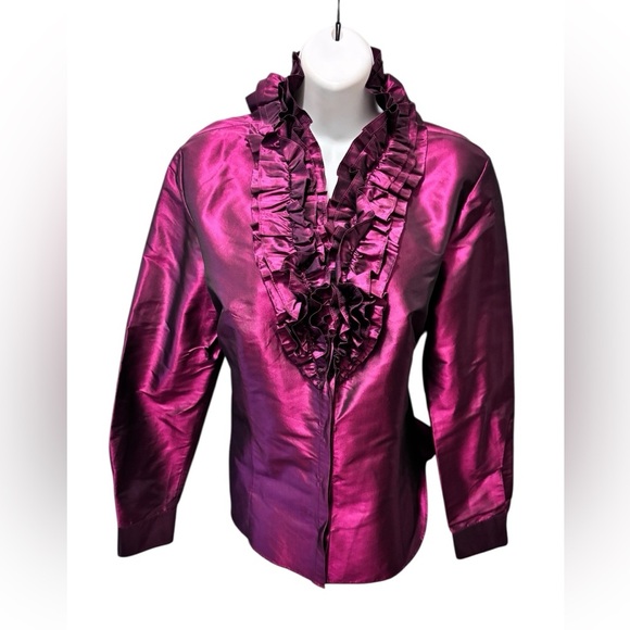 Lafayette 148 New York 100% Silk Taffeta Ruffle Blouse 12 Iridescent Purple - Picture 2 of 7